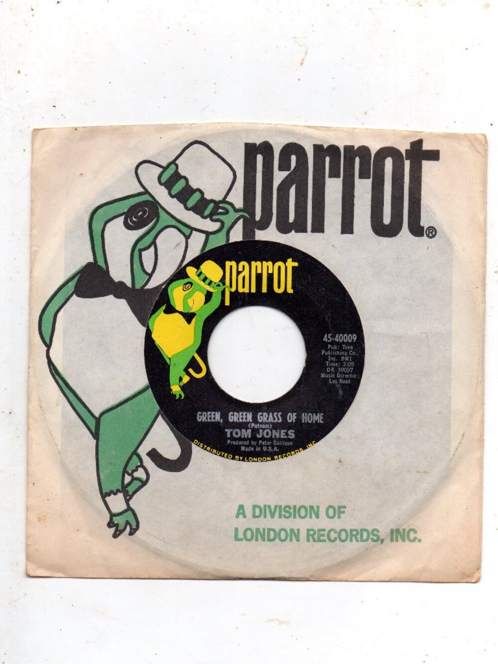 Vintage Vinyl 45 RPM Record - Tom Jones - The Green, Green Grass of Home
